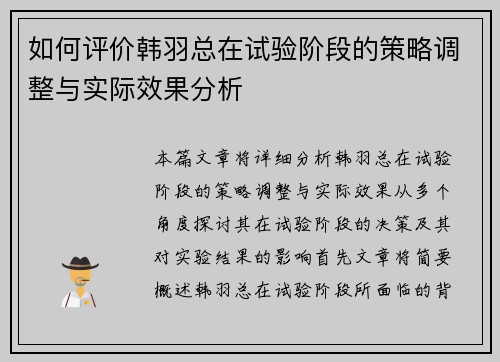 如何评价韩羽总在试验阶段的策略调整与实际效果分析